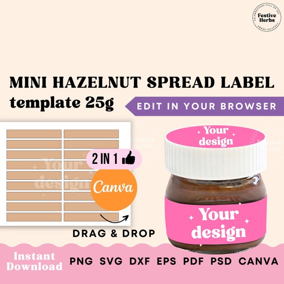 Mini Nutella Label Template, Mini Hazelnut Spread 25g Blank Label Template  Canva, Party Favor Template, Candy Chocolate Bar Wrapper Template 