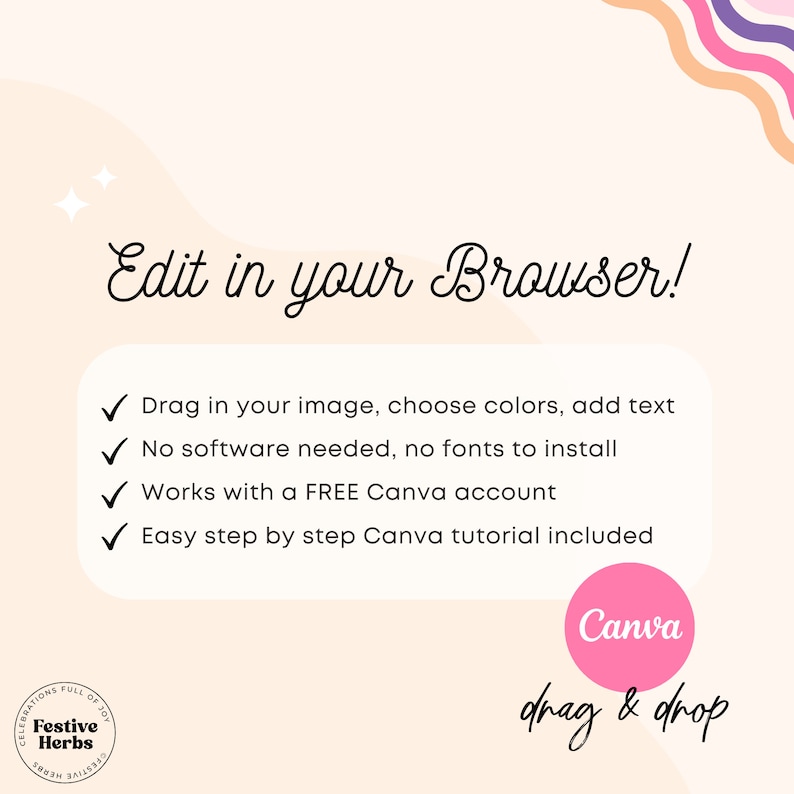 May include: A pink and white graphic with the text "Edit in your Browser!" and a list of features: Drag in your image, choose colors, add text. No software needed, no fonts to install. Works with a FREE Canva account. Easy step by step Canva tutorial included. The graphic also includes the Canva logo and the text "drag & drop".