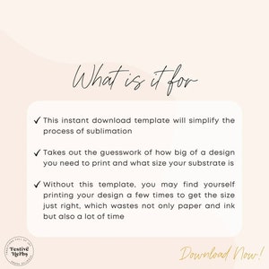 May include: A white background with a pink overlay. The text "What is it for" is written in black cursive. Three check marks with text describing the benefits of using a sublimation template are listed below. The text "Download Now!" is written in black at the bottom of the image.
