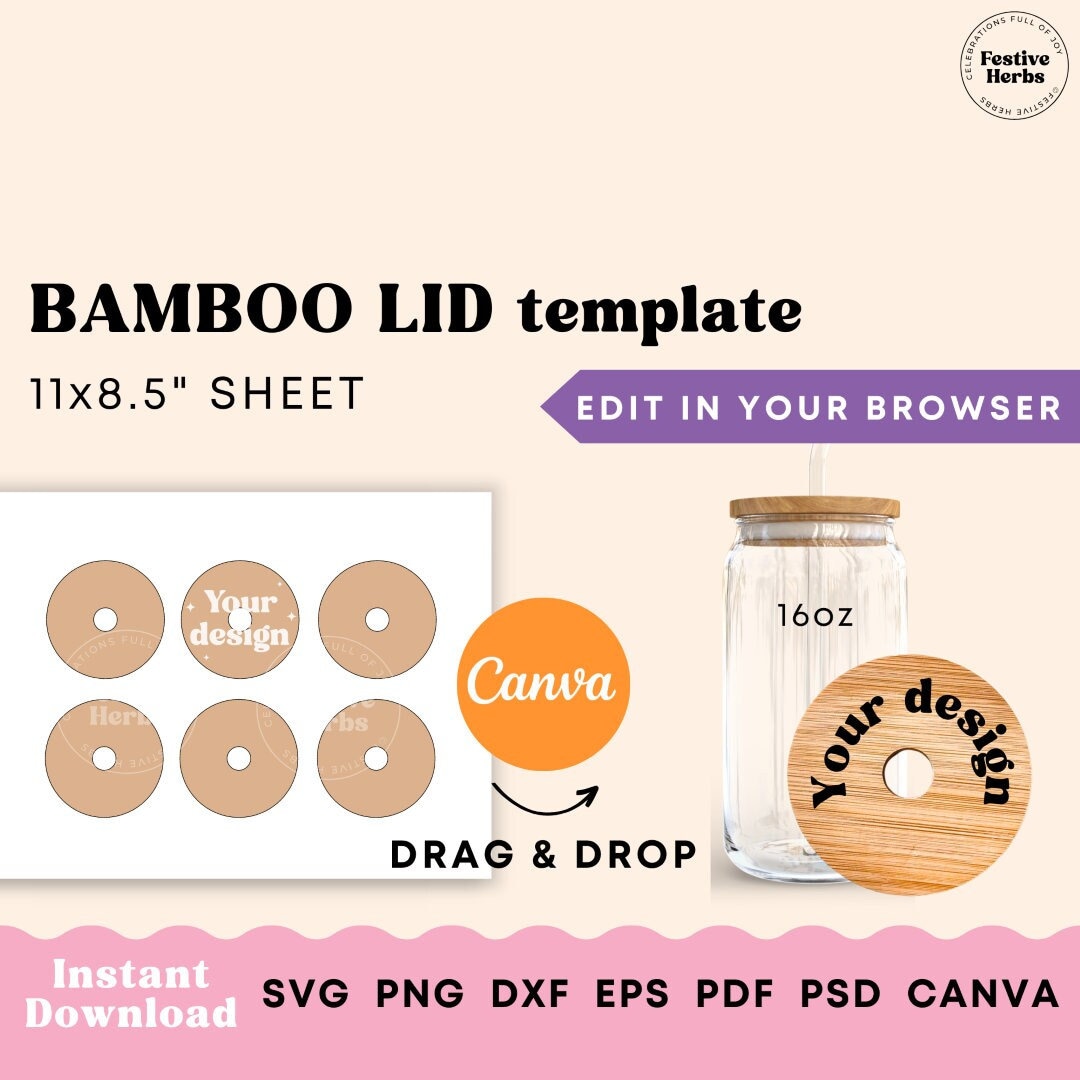 Glass Can Lid Template, Bamboo Can Glass Lid Template, 16oz Glass Can