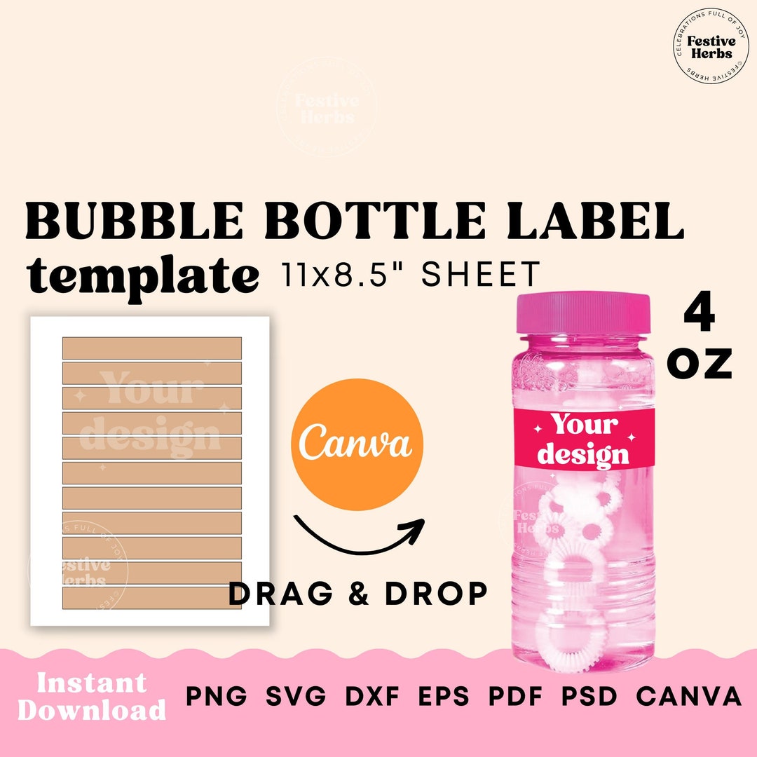 4oz Bubble Bottle Label Template, Party Favor Templates Canva, Kids ...