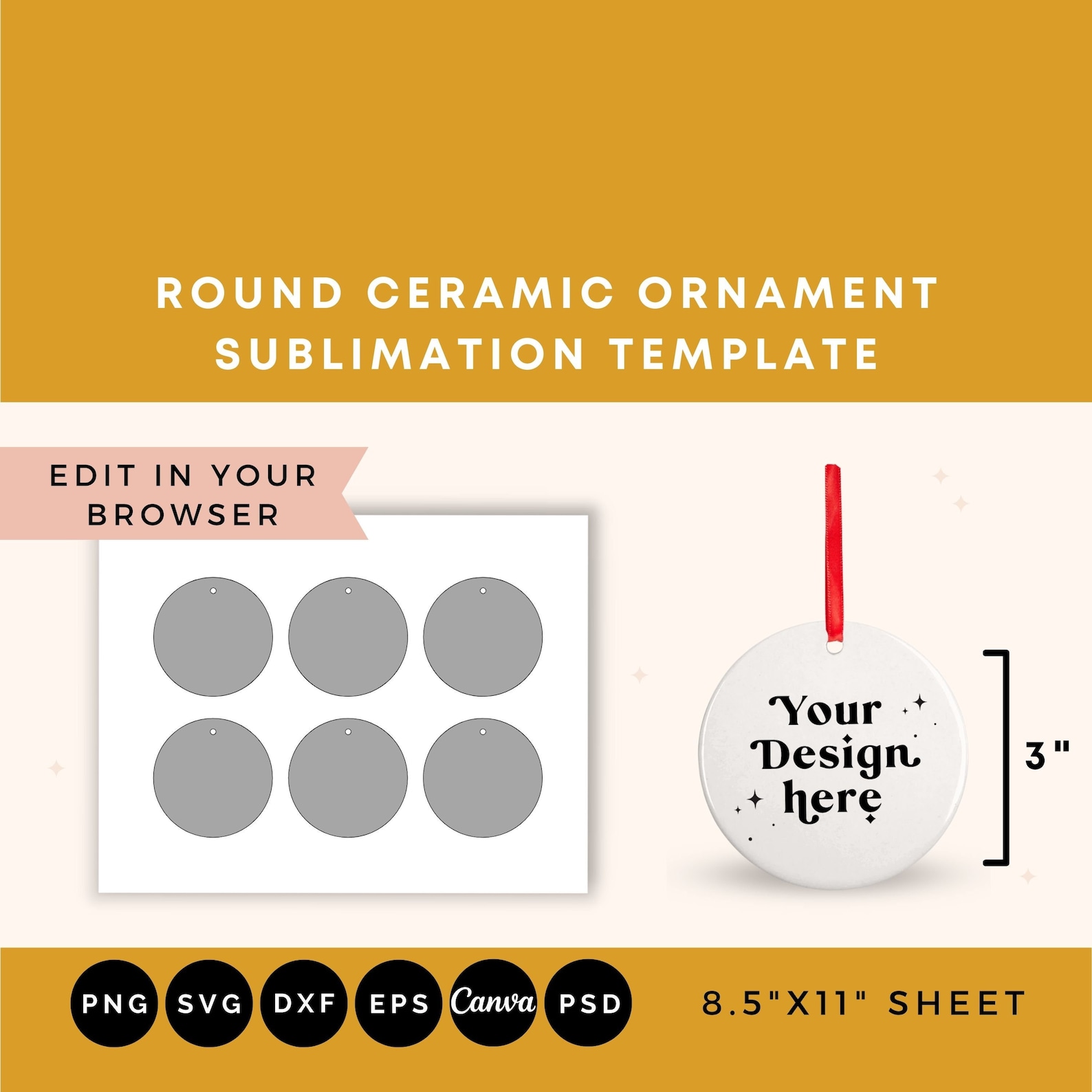 3inch Round Ceramic Ornament Template Round Ornament SVG Sublimation