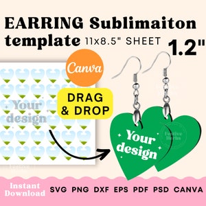 Earring template, Earring template SVG, Heart earring Sublimation template, Earring template for sublimation, Canva Sublimation template