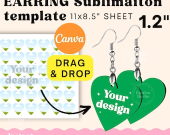 Earring template, Earring template SVG, Heart earring Sublimation template, Earring template for sublimation, Canva Sublimation template