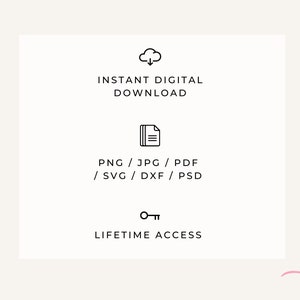 Puede incluir: Un gr&aacute;fico de descarga digital con un icono de nube, un icono de archivo y un icono de llave. El texto dice "Descarga digital instant&aacute;nea", "PNG/JPG/PDF/SVG/DXF/PSD" y "Acceso de por vida".