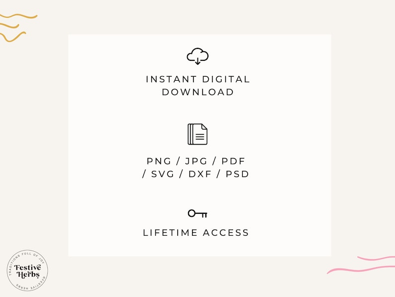 Puede incluir: Un gr&aacute;fico de descarga digital con un icono de nube, un icono de archivo y un icono de llave. El texto dice "Descarga digital instant&aacute;nea", "PNG/JPG/PDF/SVG/DXF/PSD" y "Acceso de por vida".