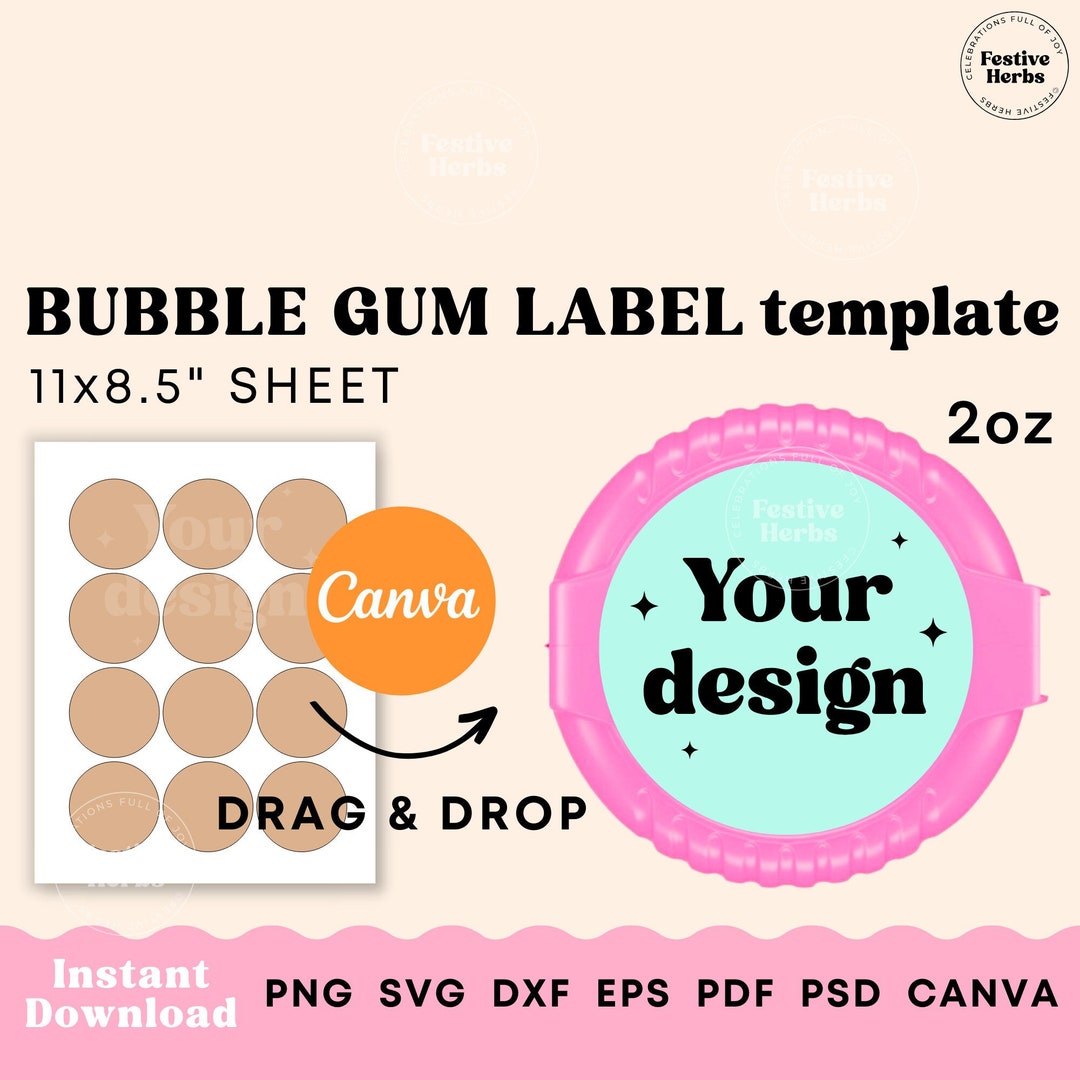 Bubble Gum Label Template, Party Favor Template Canva, Label Template Birthday, 2oz Bubble Gum