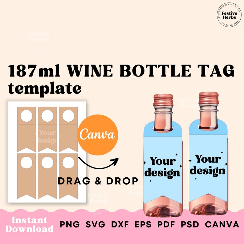 187ml Wine Tag Template, Mini wine bottle tag template, Wine gift tag template SVG Canva, Wine label template for wedding baby shower