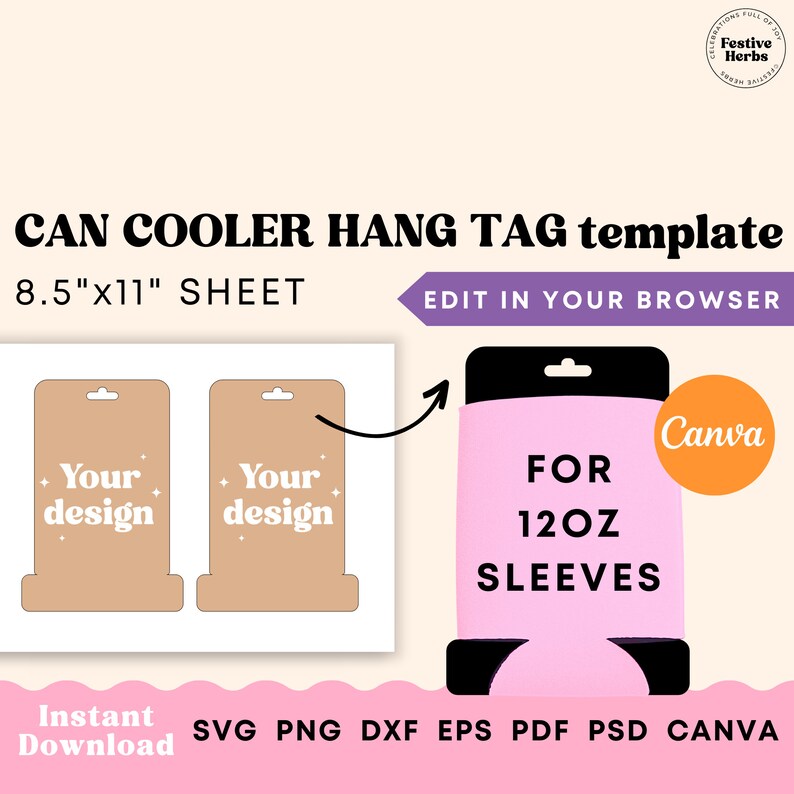 Hang Tag template, 12oz Can Cooler hang tag template, Beer Cooler tag Template, Can sleeve display Custom branded hang tag small business