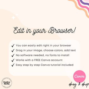 May include: A pink and white graphic with the text "Edit in your Browser!" and a list of five check marks with text describing the benefits of editing in a browser. The graphic also includes a pink circle with the text "Canva" and the text "drag & drop" below it.