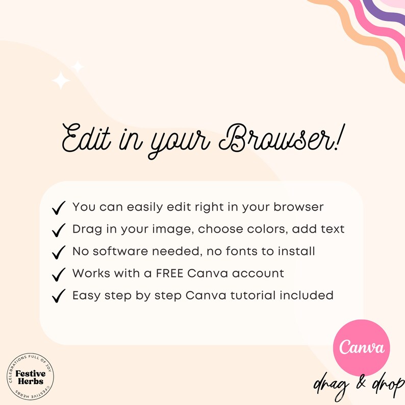 May include: A pink and white graphic with the text "Edit in your Browser!" and a list of five check marks with text describing the benefits of editing in a browser. The graphic also includes a pink circle with the text "Canva" and the text "drag & drop" below it.