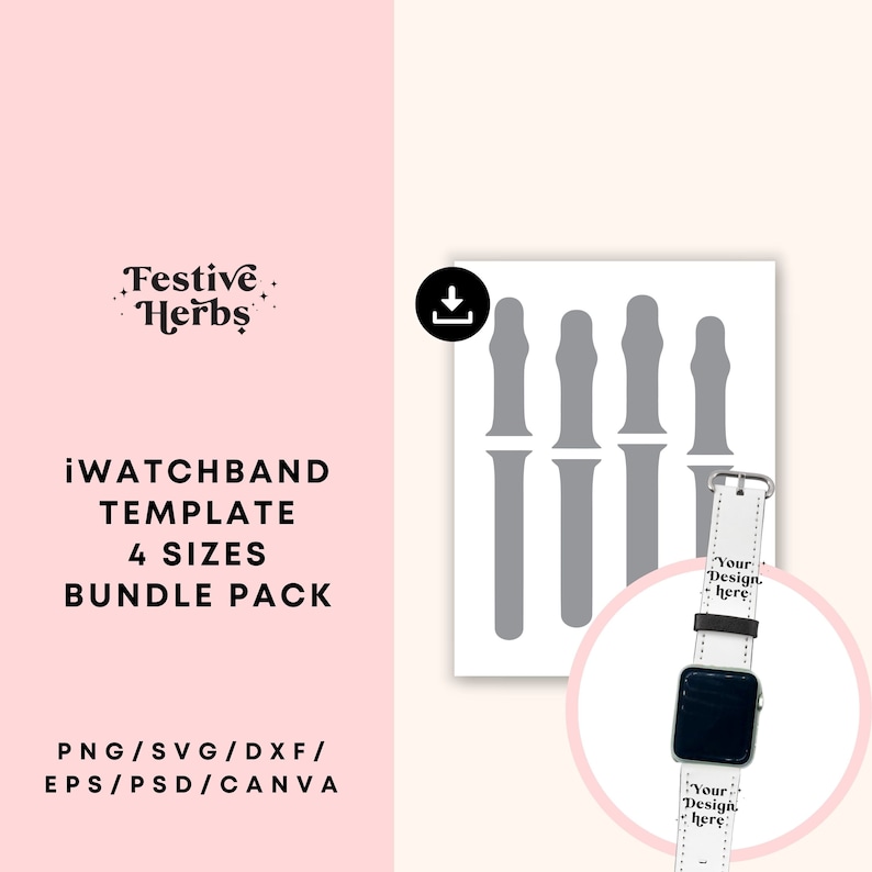 K&ouml;nnte beinhalten: Eine digitale Armbandvorlage mit vier verschiedenen Gr&ouml;&szlig;en. Die Vorlage ist in Grau und wird auf wei&szlig;em Hintergrund angezeigt. Die Vorlage ist f&uuml;r ein iWatch-Armband und kann verwendet werden, um benutzerdefinierte Armb&auml;nder zu erstellen. Der Text "Your Design Here" wird auf dem Armband angezeigt.