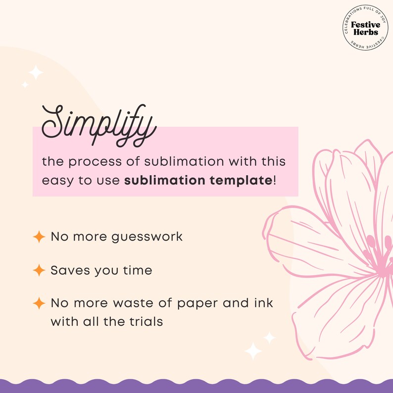 May include: Pink and white graphic with the text "Simplify the process of sublimation with this easy to use sublimation template!" and a list of benefits: "No more guesswork", "Saves you time", "No more waste of paper and ink with all the trials".