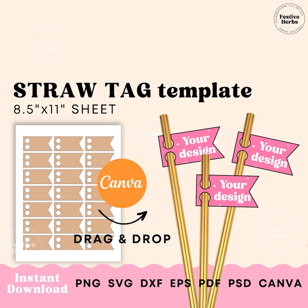Straw Tag Template, Drinking Straw Flag Template, Party Template Canva ...