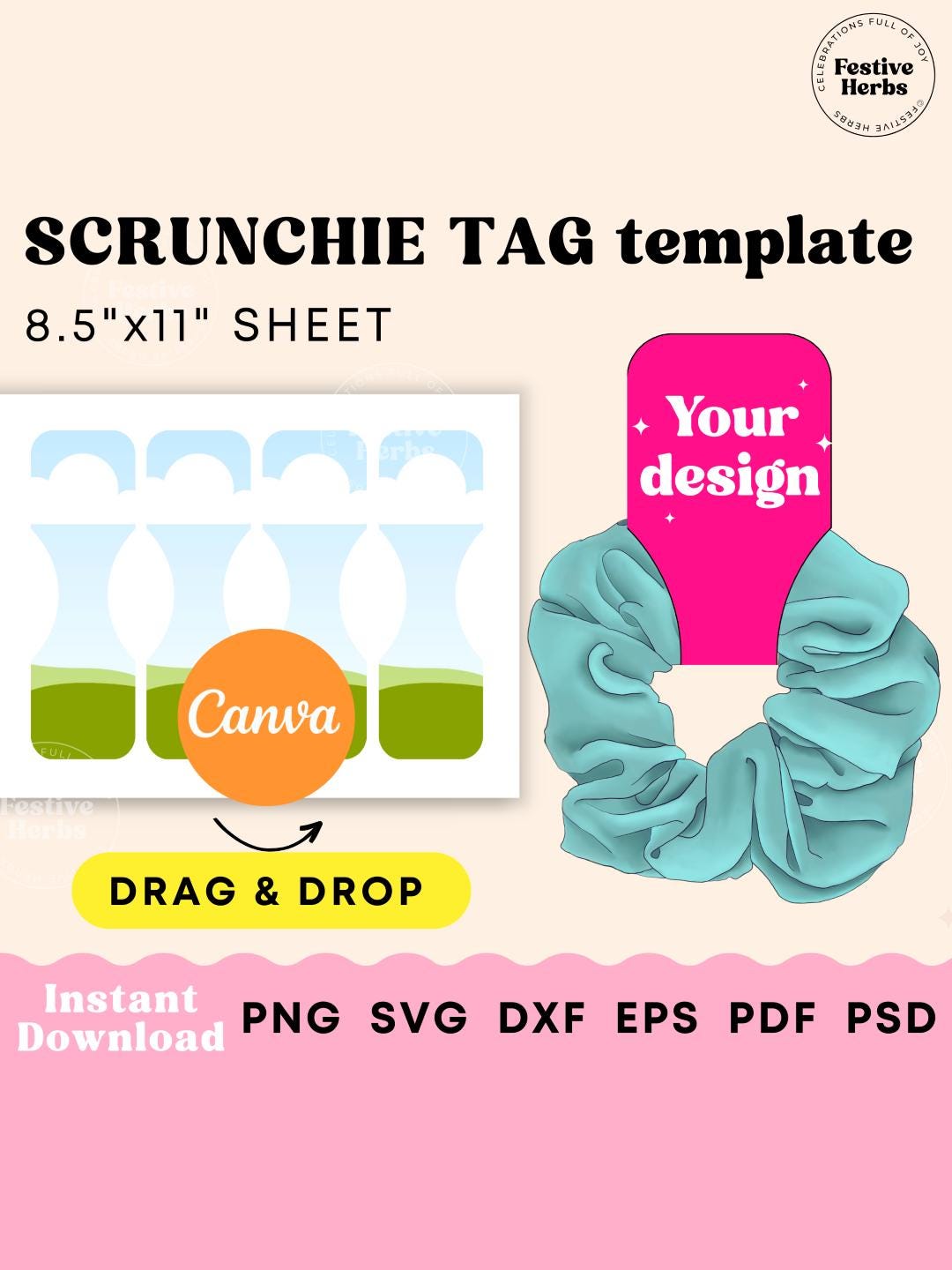 Scrunchie Tag Template, Scrunchie Tag Svg Canva Template, Printable ...
