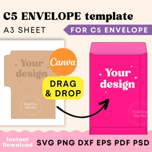 Puede incluir: Una plantilla para un sobre C5, que se muestra en una hoja A3. La plantilla es un contorno marrón del sobre con el texto "Tu diseño" y un logotipo de Canva. El sobre terminado se muestra en rosa con el texto "Tu diseño".
