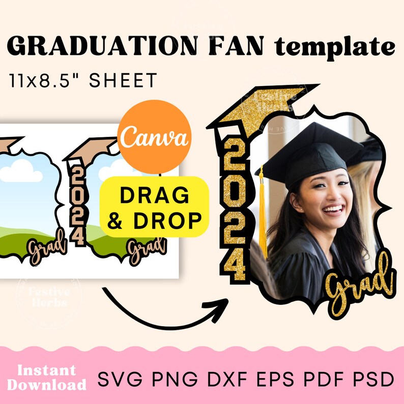 Graduation Paddle Fan, Custom Grad fan, Graduation Fan Template, Graduation Fan SVG, Graduation Cake topper template, Class of 2024 Grad SVG