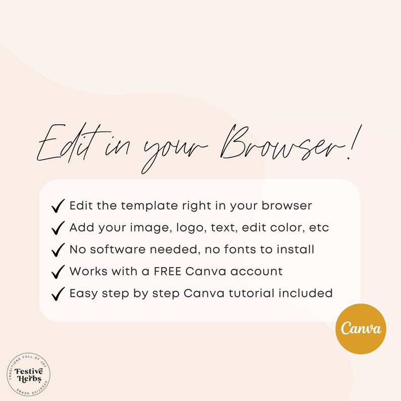 K&ouml;nnte beinhalten: Ein wei&szlig;er Hintergrund mit einem rosa &Uuml;berlagerung und einem Textfeld, das "Edit in your Browser!" sagt, mit einer Checkliste aus f&uuml;nf Punkten: Bearbeiten Sie die Vorlage direkt in Ihrem Browser, F&uuml;gen Sie Ihr Bild, Logo, Text hinzu, bearbeiten Sie die Farbe usw., Keine Software erforderlich, keine Schriftarten zu installieren, Funktioniert mit einem KOSTENLOSEN Canva-Konto, Einfache Schritt-f&uuml;r-Schritt-Anleitung von Canva enthalten. Das Textfeld befindet sich unter einem goldenen Kreis mit dem Wort "Canva" in wei&szlig;em Text.