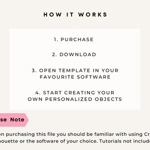 Puede incluir: Una gu&iacute;a de descarga digital que explica c&oacute;mo usar una plantilla digital. La gu&iacute;a incluye los pasos: compra, descarga, abre la plantilla en tu software favorito y comienza a crear tus propios objetos personalizados. El texto "Por favor, ten en cuenta" est&aacute; resaltado en rosa. El texto que aparece debajo dice: "Al comprar este archivo, debes estar familiarizado con el uso de Cricut, Silhouette o el software de tu elecci&oacute;n. Los tutoriales no est&aacute;n incluidos."