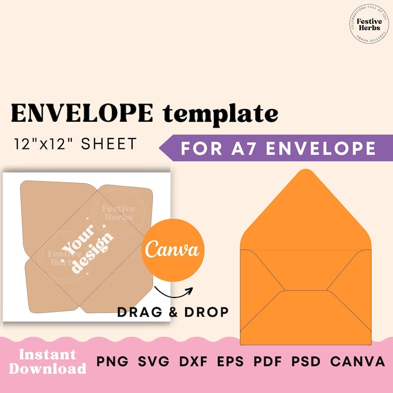 May include: A printable template for an A7 envelope, shown on a 12x12 inch sheet. The template is designed to be used with Canva, and includes a drag and drop feature. The template is available in PNG, SVG, DXF, EPS, PDF, PSD, and CANVA formats.