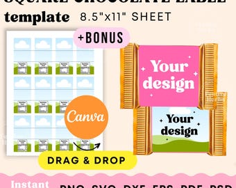 Plantilla de envoltorio de mini chocolate, plantilla de envoltorio cuadrado de chocolate personalizado, envoltorio de mini barra de caramelo, plantilla de fiesta de etiqueta de mini barra de caramelo canva