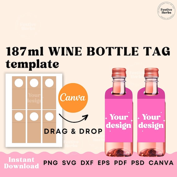 187ml Wine Tag Template, Mini wine bottle tag template, Wine gift tag template SVG Canva, Wine label template for wedding baby shower