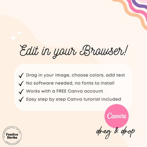 May include: A pink and white graphic with the text "Edit in your Browser!" and a list of features: Drag in your image, choose colors, add text. No software needed, no fonts to install. Works with a FREE Canva account. Easy step by step Canva tutorial included. The graphic also includes a pink circle with the text "Canva" and the text "drag & drop" below it.