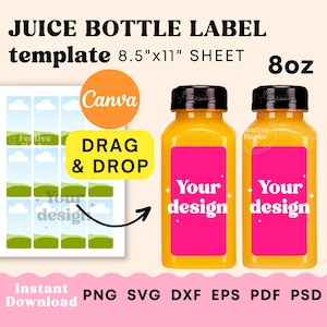 Juice Bottle Label Template, 8oz Bottle label template Canva, 8oz Juice bottle labels download, Label SVG template, Party favor templates