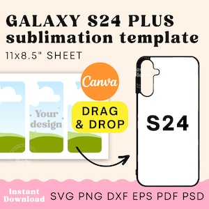 Puede incluir: Una plantilla de sublimación para una funda de teléfono Galaxy S24 Plus. La plantilla mide 28 cm por 21,5 cm y presenta una funda de teléfono blanca con un contorno negro y el texto "S24" en negro. La plantilla está diseñada para ser utilizada con una impresora de sublimación para crear fundas de teléfono personalizadas.