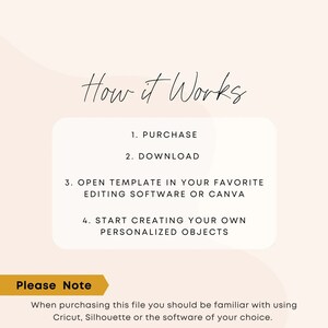 May include: A white background with a light pink and peach gradient. The text "How it Works" is written in black cursive. A white box with black text outlines the steps to use a digital template: 1. Purchase, 2. Download, 3. Open template in your favorite editing software or Canva, 4. Start creating your own personalized objects. A yellow banner with black text reads "Please Note". Below the banner is the text "When purchasing this file you should be familiar with using Cricut, Silhouette or the software of your choice."