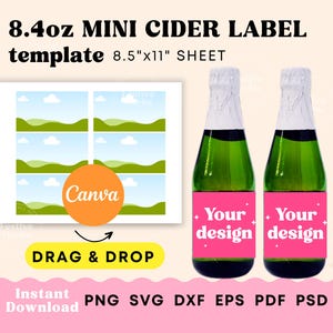 Plantilla de etiquetas de sidra de manzana SVG, plantilla de etiqueta de mini botella de vino CANVA, etiquetas de recuerdo para botella de sidra de 8.4 oz, etiqueta de vino de champán SVG