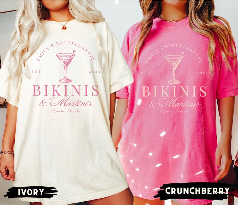 Camiseta para despedida de soltera con bikinis y martinis, camisetas personalizadas para despedidas de soltera en diferentes ubicaciones, club de despedida de soltera con fiesta final, club de cócteles para despedidas de soltera en la playa. imagen 4