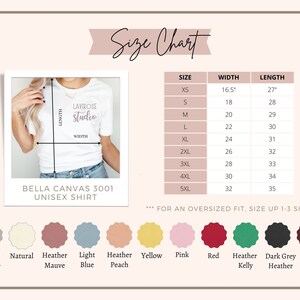 May include: Size chart for a unisex Bella Canvas 3001 t-shirt. The chart shows the width and length of the shirt in inches for sizes XS to 5XL. The chart also includes a color chart with 12 different colors.