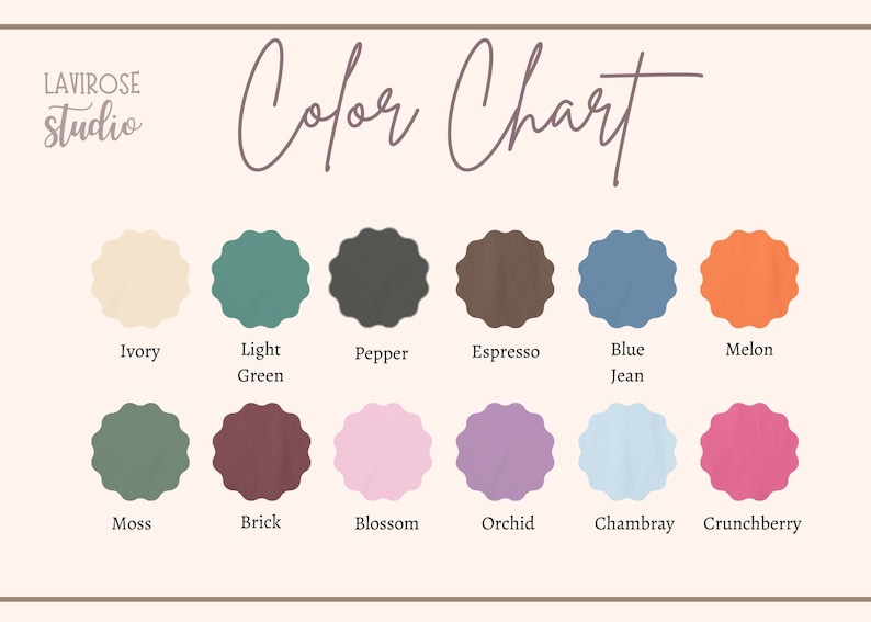 May include: Color chart with 12 different color swatches. The colors are: Ivory, Light Green, Pepper, Espresso, Blue Jean, Melon, Moss, Brick, Blossom, Orchid, Chambray, and Crunchberry.
