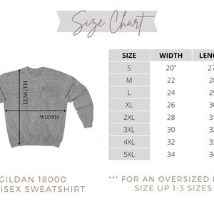 Puede incluir: Tabla de tallas para una sudadera unisex Gildan 18000. La tabla muestra las medidas de ancho y largo en pulgadas para las tallas S a 5XL. Para un ajuste holgado, aumenta de 1 a 3 tallas.