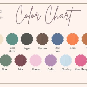 K&ouml;nnte beinhalten: Farbkarte mit 12 verschiedenen Farbmustern. Die Farben sind: Elfenbein, Hellgr&uuml;n, Pfeffer, Espresso, Jeansblau, Melone, Yam, Moos, Ziegel, Bl&uuml;te, Orchidee, Chambray und Crunchberry.