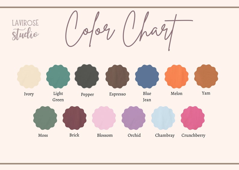 K&ouml;nnte beinhalten: Farbkarte mit 12 verschiedenen Farbmustern. Die Farben sind: Elfenbein, Hellgr&uuml;n, Pfeffer, Espresso, Jeansblau, Melone, Yam, Moos, Ziegel, Bl&uuml;te, Orchidee, Chambray und Crunchberry.