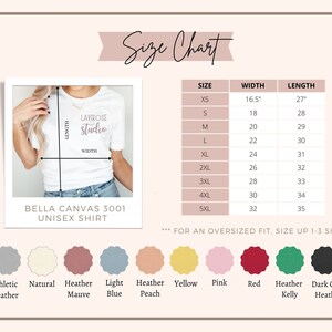 Op de afbeelding: Maattabel voor een unisex Bella Canvas 3001 shirt. De tabel toont de breedte en lengte van het shirt in inches voor maten XS tot 5XL. De tabel bevat ook een kleurenpalet met 10 verschillende kleuropties voor het shirt.