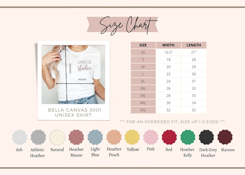 Op de afbeelding: Maattabel voor een unisex Bella Canvas 3001 shirt. De tabel toont de breedte en lengte van het shirt in inches voor maten XS tot 5XL. De tabel bevat ook een kleurenpalet met 10 verschillende kleuropties voor het shirt.