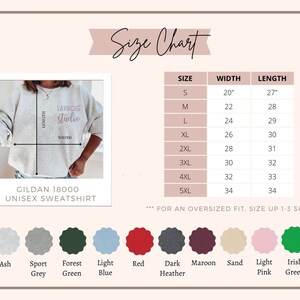 Puede incluir: Tabla de tallas para una sudadera unisex Gildan 18000. La tabla muestra las medidas de ancho y largo en pulgadas para las tallas S a 5XL. La sudadera est&aacute; disponible en 11 colores: ceniza, gris deportivo, verde bosque, azul claro, rojo, gris oscuro jaspeado, granate, arena, rosa claro y verde irland&eacute;s.