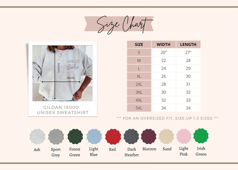 Puede incluir: Tabla de tallas para una sudadera unisex Gildan 18000. La tabla muestra las medidas de ancho y largo en pulgadas para las tallas S a 5XL. La sudadera est&aacute; disponible en 11 colores: ceniza, gris deportivo, verde bosque, azul claro, rojo, gris oscuro jaspeado, granate, arena, rosa claro y verde irland&eacute;s.
