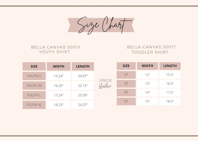 May include: Size chart for Bella Canvas youth and toddler shirts. The chart shows the size, width, and length in inches for each size. The youth sizes are S, M, L, and XL. The toddler sizes are 2T, 3T, 4T, and 5T.