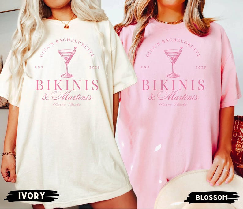 Camiseta para despedida de soltera con bikinis y martinis, camisetas personalizadas para despedidas de soltera en diferentes ubicaciones, club de despedida de soltera con fiesta final, club de cócteles para despedidas de soltera en la playa. imagen 3
