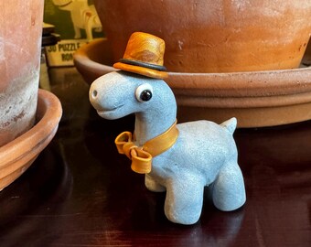 Dapper Dinosaur | Tiny Dinosaur | Tiny Figurine | Cute Dinosaur | Gold Hat | Collectible
