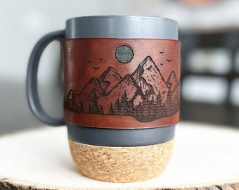 Matte Gray Cork Base Ceramic Mug with Lid and Handmade Genuine Leather Laser Engraved Mountain Mug Sleeve/Wrap