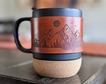 Matte Black Cork Base Ceramic Mug with Lid and Handmade Genuine Leather Laser Engraved Mountain Mug Sleeve/Wrap | 13oz