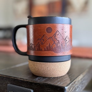 Matte Black Cork Base Ceramic Mug with Lid and Handmade Genuine Leather Laser Engraved Mountain Mug Sleeve/Wrap 13oz image 1