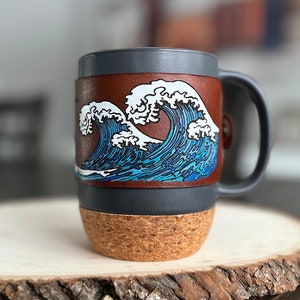 Inspiring Ocean Waves Handmade Leather Wrapped Cork Base Ceramic Mug | Hand Painted and Laser Engraved