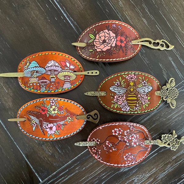 Handmade Leather Hair Barrette with Stick and  Hand Painted Designs