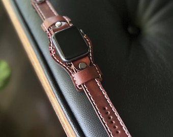 Spanish Brown Handmade Women's Leather Apple Watch Band with Pink Flowers and Pink Stitching